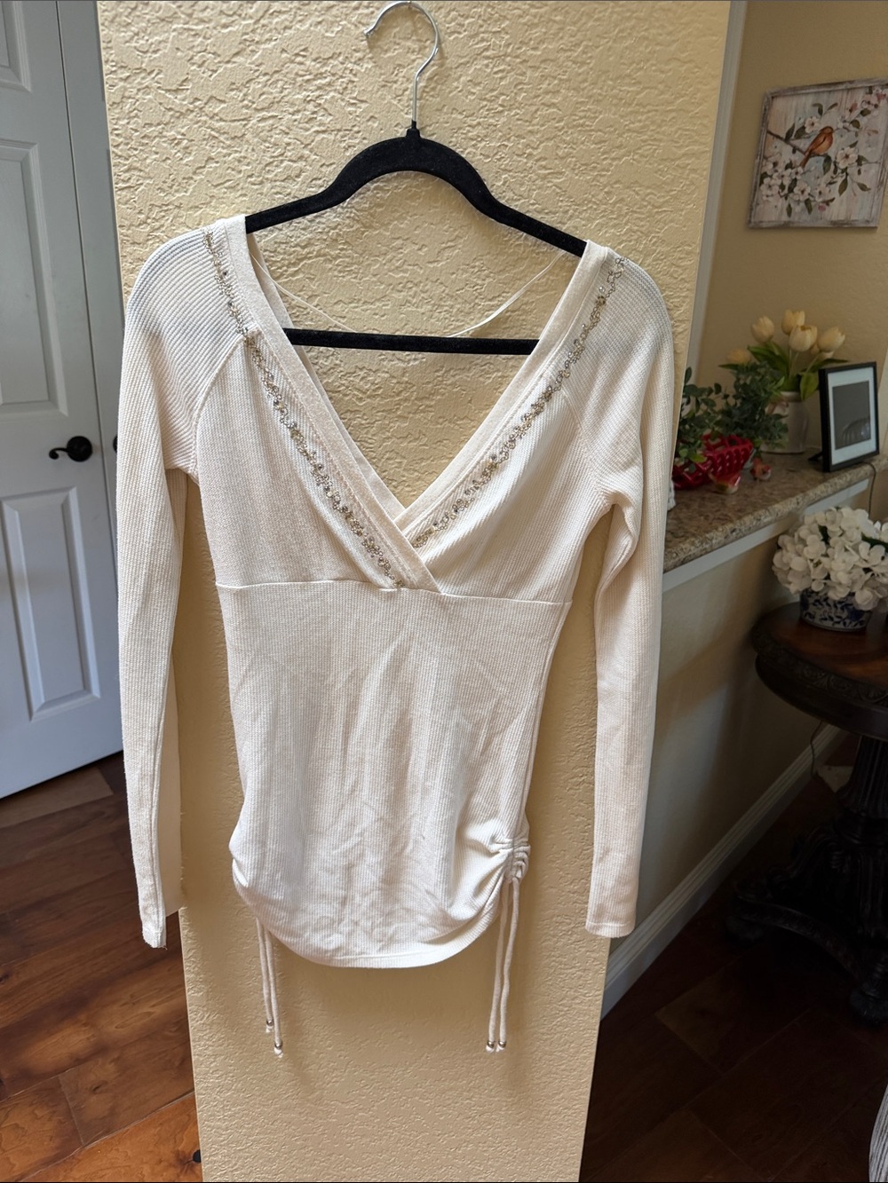 Guess Women’s Cream V-Neck Long Sleeve Top with Embellished Trim